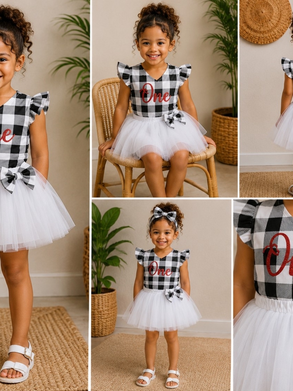 3 Pieces Girl's Black & White Buffalo Check 'One' Tutu Dress with Bow